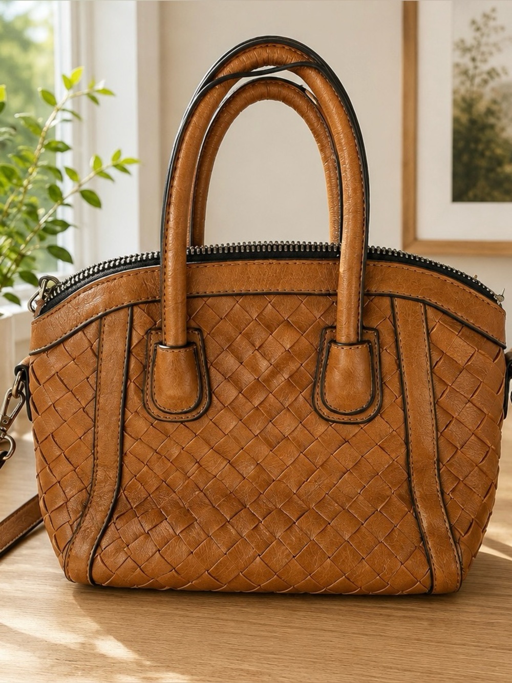 Madison West Cognac Woven Satchel / Crossbody 🤎